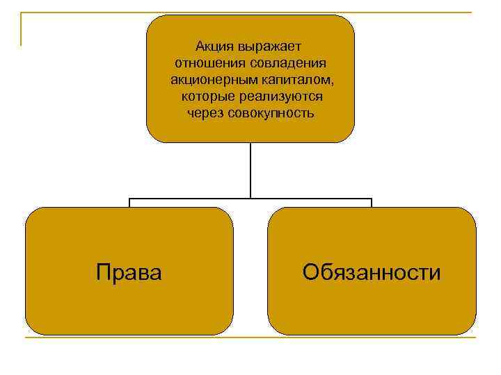 Акция выражает отношения совладения акционерным капиталом, которые реализуются через совокупность Права Обязанности 