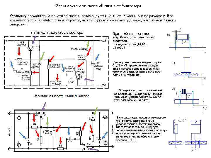 Сборка и установка печатной платы стабилизатора Установку элементов на печатные платы рекомендуется начинать с