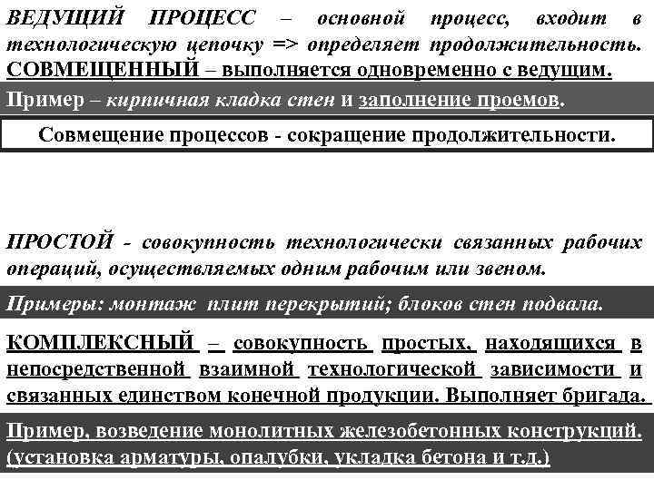 ВЕДУЩИЙ ПРОЦЕСС – основной процесс, входит в технологическую цепочку => определяет продолжительность. СОВМЕЩЕННЫЙ –