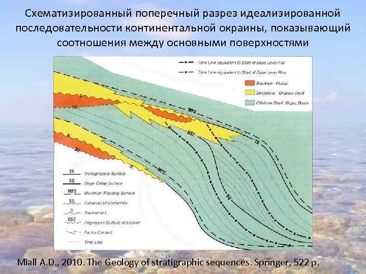 Схематизированный поперечный разрез идеализированной последовательности континентальной окраины, показывающий соотношения между основными поверхностями Miall A.