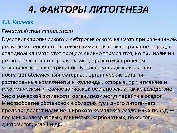 4. ФАКТОРЫ ЛИТОГЕНЕЗА 4. 3. Климат Гумидный тип литогенеза В условиях тропического и субтропического