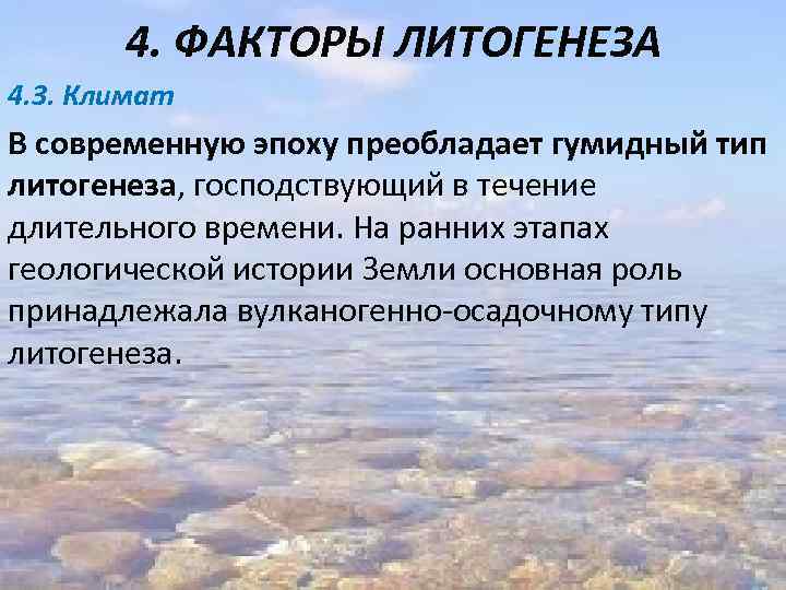 4. ФАКТОРЫ ЛИТОГЕНЕЗА 4. 3. Климат В современную эпоху преобладает гумидный тип литогенеза, господствующий