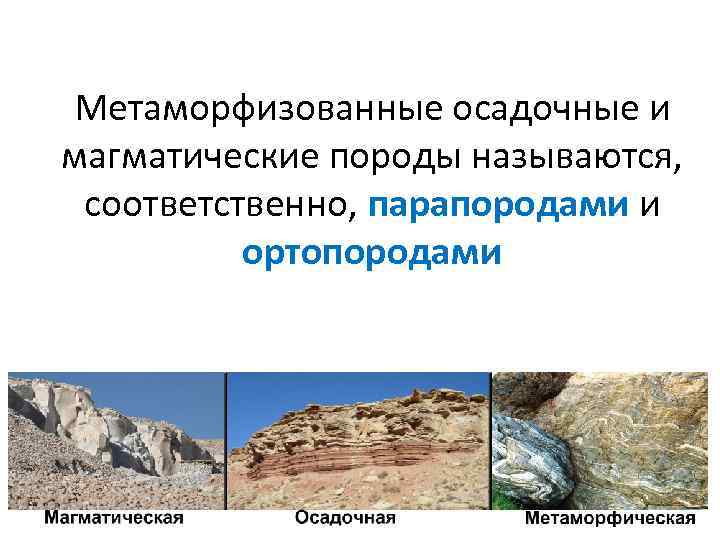 Метаморфизованные осадочные и магматические породы называются, соответственно, парапородами и ортопородами 