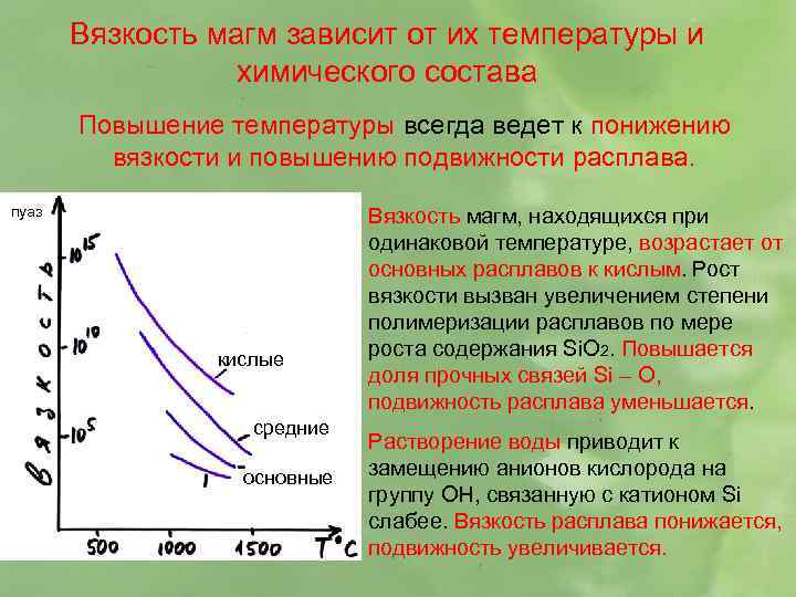Вязкость магм зависит от их температуры и химического состава Повышение температуры всегда ведет к