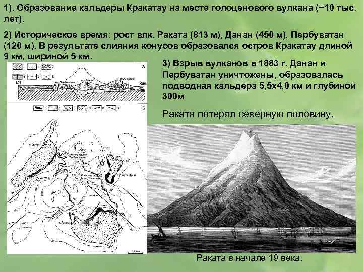 1). Образование кальдеры Кракатау на месте голоценового вулкана (~10 тыс. лет). 2) Историческое время:
