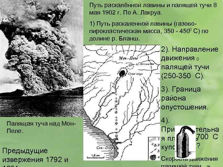Путь раскалённой лавины и палящей тучи 8 мая 1902 г. По А. Лакруа. 1)