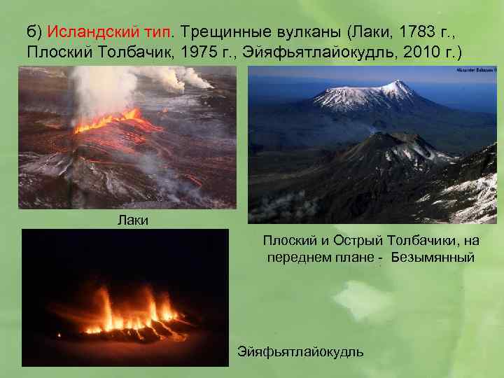 б) Исландский тип. Трещинные вулканы (Лаки, 1783 г. , Плоский Толбачик, 1975 г. ,
