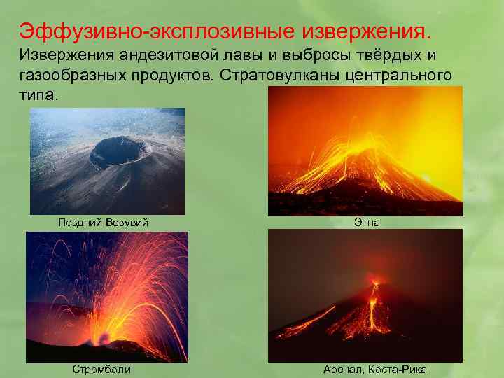 Эффузивно-эксплозивные извержения. Извержения андезитовой лавы и выбросы твёрдых и газообразных продуктов. Стратовулканы центрального типа.