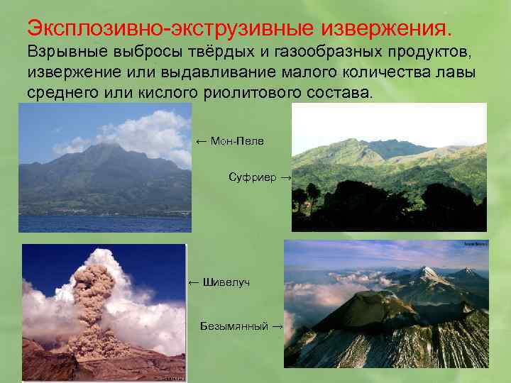 Эксплозивно-экструзивные извержения. Взрывные выбросы твёрдых и газообразных продуктов, извержение или выдавливание малого количества лавы