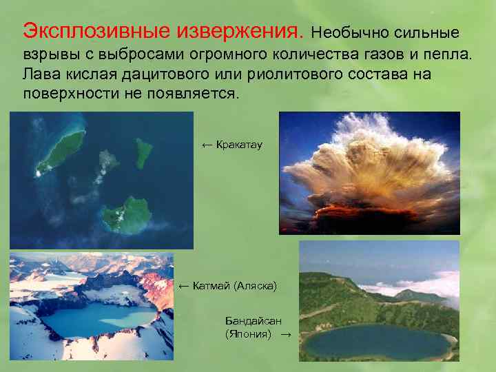 Эксплозивные извержения. Необычно сильные взрывы с выбросами огромного количества газов и пепла. Лава кислая