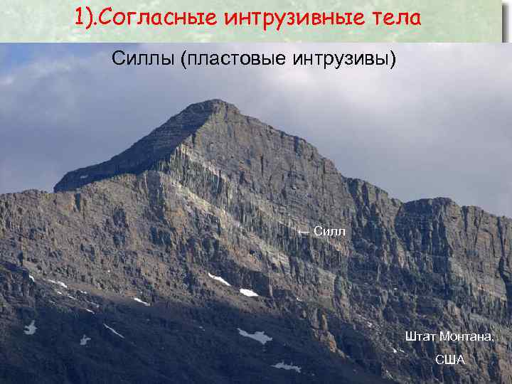 1). Согласные интрузивные тела Силлы (пластовые интрузивы) ← Силл Штат Монтана, США 