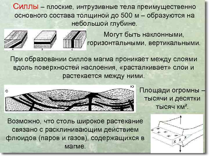 Силлы – плоские, интрузивные тела преимущественно основного состава толщиной до 500 м – образуются