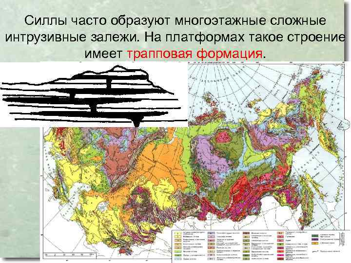 Силлы часто образуют многоэтажные сложные интрузивные залежи. На платформах такое строение имеет трапповая формация.