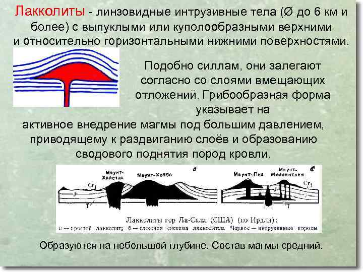 Лакколиты - линзовидные интрузивные тела (Ø до 6 км и более) с выпуклыми или