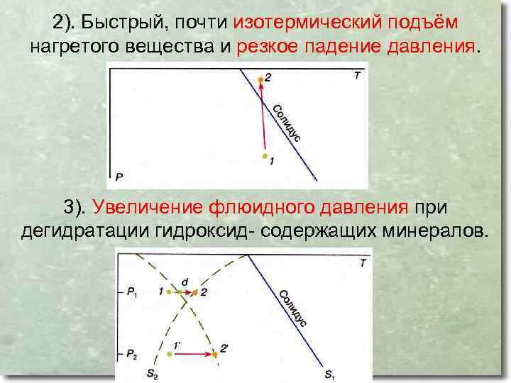 2). Быстрый, почти изотермический подъём нагретого вещества и резкое падение давления. 3). Увеличение флюидного