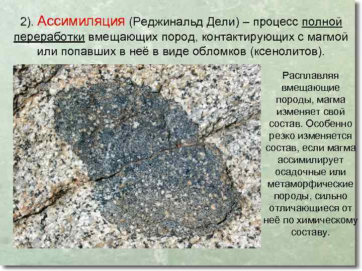 2). Ассимиляция (Реджинальд Дели) – процесс полной переработки вмещающих пород, контактирующих с магмой или