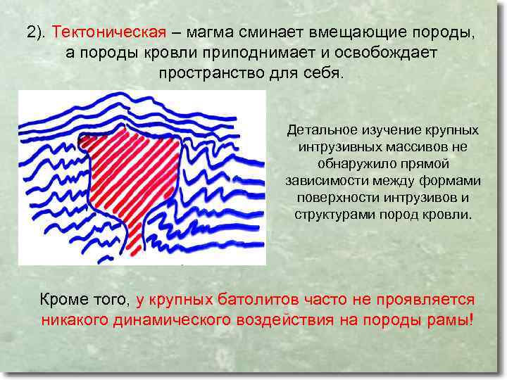 2). Тектоническая – магма сминает вмещающие породы, а породы кровли приподнимает и освобождает пространство