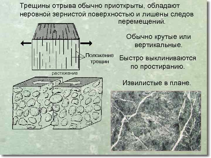 Трещины отрыва обычно приоткрыты, обладают неровной зернистой поверхностью и лишены следов перемещений. Обычно крутые