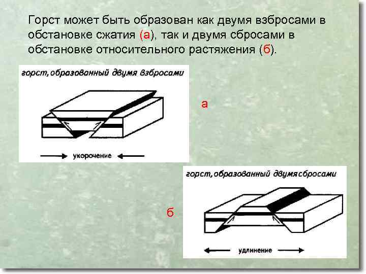 Горст может быть образован как двумя взбросами в обстановке сжатия (а), так и двумя