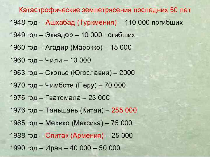 Катастрофические землетрясения последних 50 лет 1948 год – Ашхабад (Туркмения) – 110 000 погибших