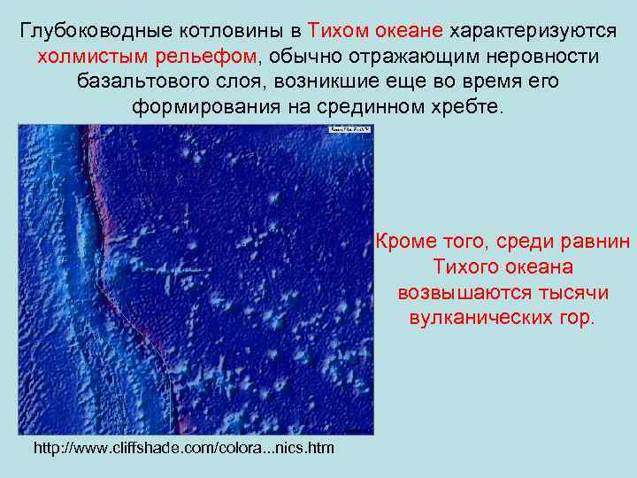 Глубоководные котловины в Тихом океане характеризуются холмистым рельефом, обычно отражающим неровности базальтового слоя, возникшие