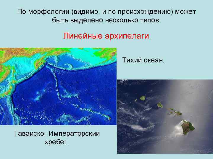 По морфологии (видимо, и по происхождению) может быть выделено несколько типов. Линейные архипелаги. Тихий