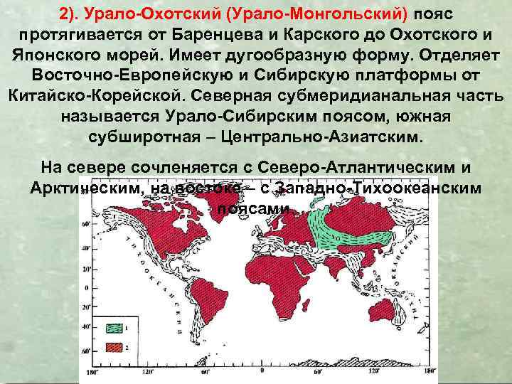 2). Урало-Охотский (Урало-Монгольский) пояс протягивается от Баренцева и Карского до Охотского и Японского морей.