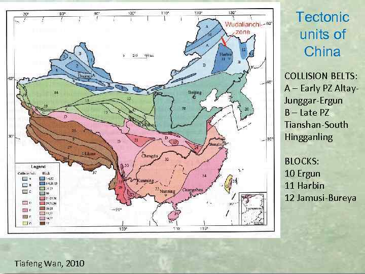 Tectonic units of China COLLISION BELTS: A – Early PZ Altay. Junggar-Ergun B –