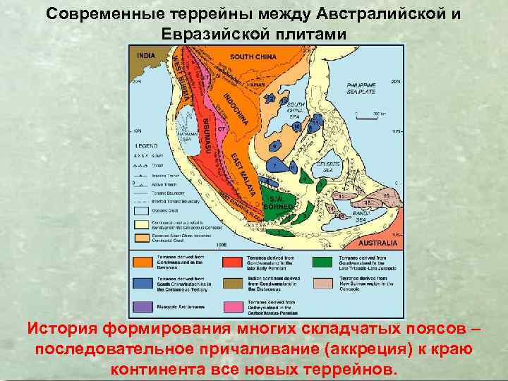 Современные террейны между Австралийской и Евразийской плитами История формирования многих складчатых поясов – последовательное