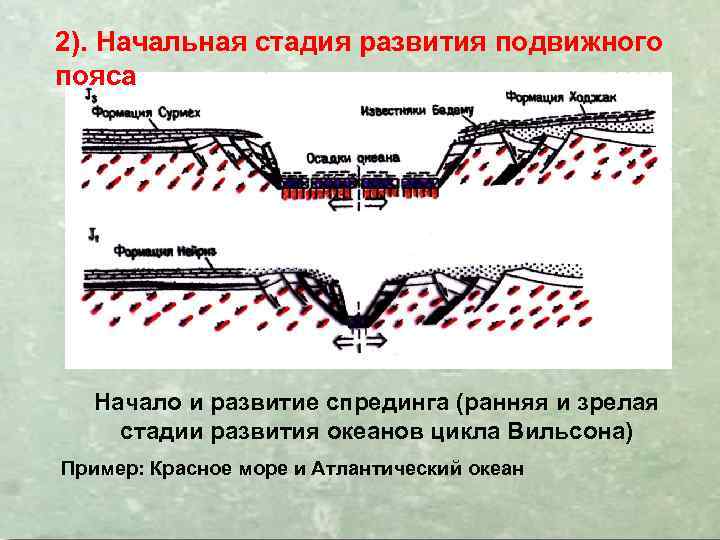 2). Начальная стадия развития подвижного пояса Начало и развитие спрединга (ранняя и зрелая стадии