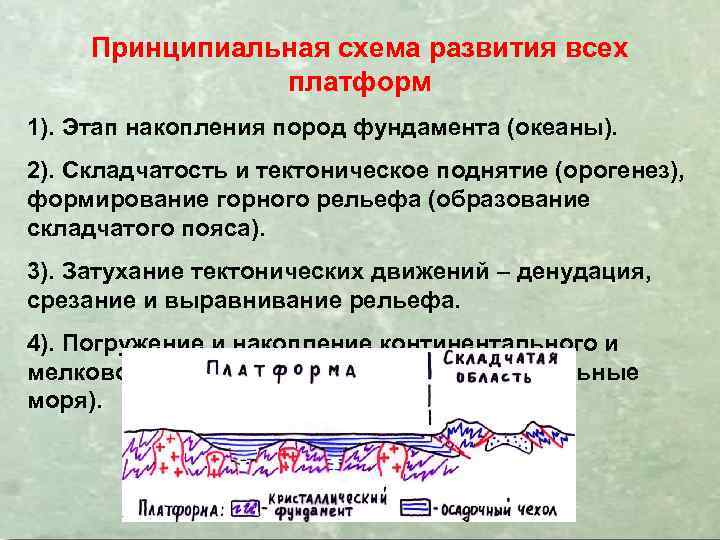 Принципиальная схема развития всех платформ 1). Этап накопления пород фундамента (океаны). 2). Складчатость и