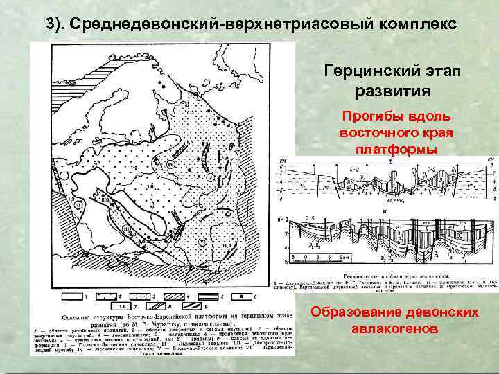 3). Среднедевонский-верхнетриасовый комплекс Герцинский этап развития Прогибы вдоль восточного края платформы Образование девонских авлакогенов