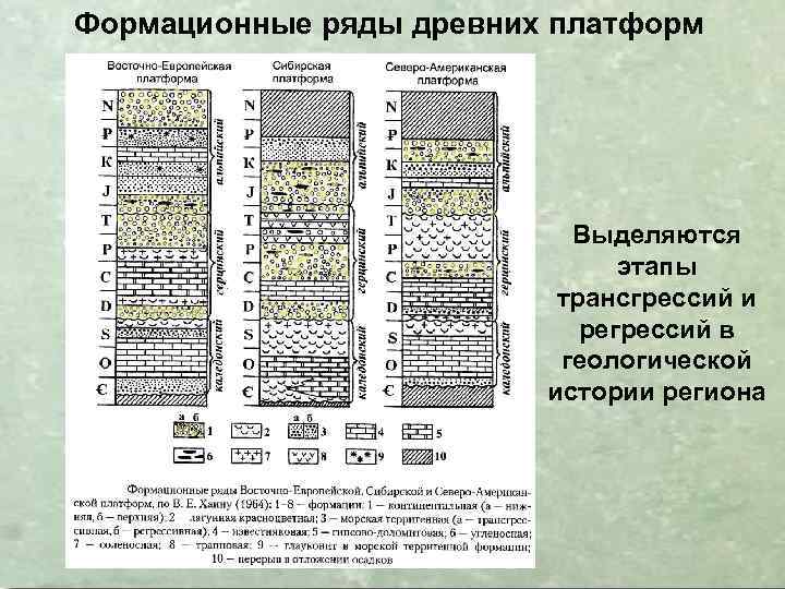 Формационные ряды древних платформ Выделяются этапы трансгрессий и регрессий в геологической истории региона 