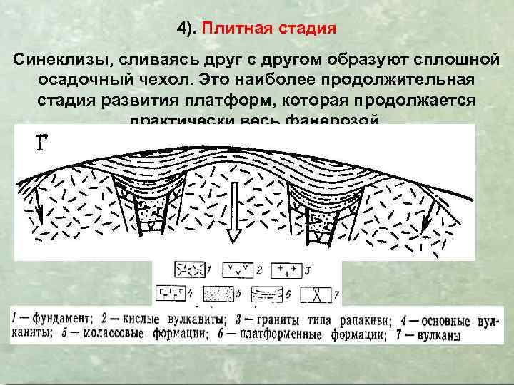 4). Плитная стадия Синеклизы, сливаясь друг с другом образуют сплошной осадочный чехол. Это наиболее