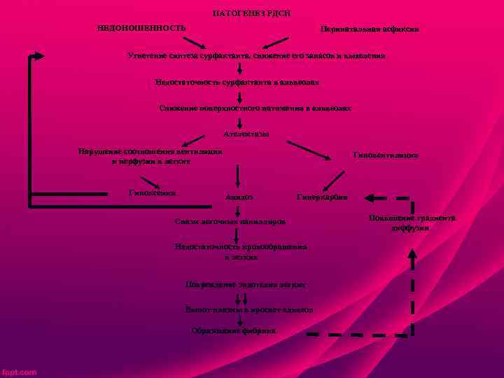 ПАТОГЕНЕЗ РДСН НЕДОНОШЕННОСТЬ Перинатальная асфиксия Угнетение синтеза сурфактанта, снижение его запасов и выделения Недостаточность