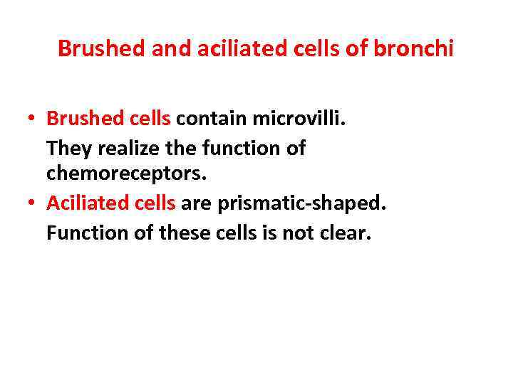 Brushed and aciliated cells of bronchi • Brushed cells contain microvilli. They realize the