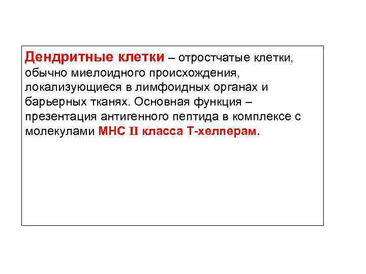 Дендритные клетки – отростчатые клетки, обычно миелоидного происхождения, локализующиеся в лимфоидных органах и барьерных