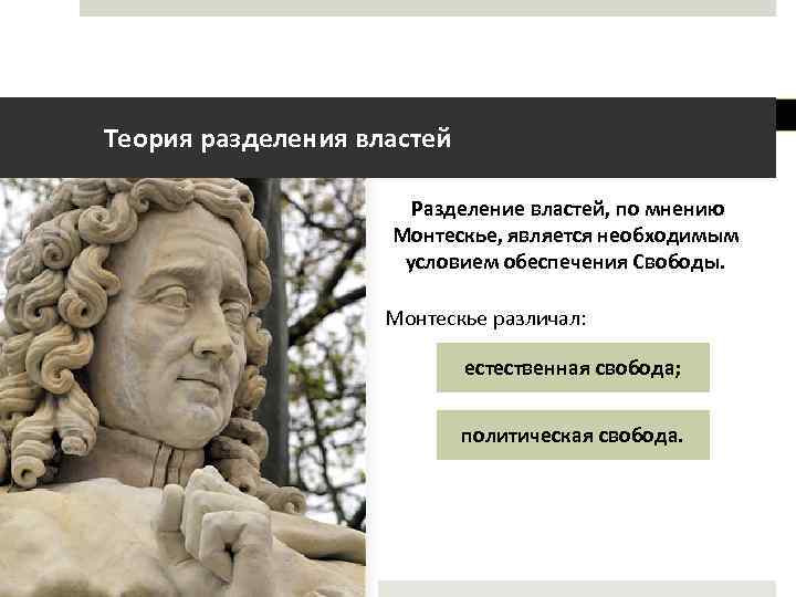 Теория разделения властей Разделение властей, по мнению Монтескье, является необходимым условием обеспечения Свободы. Монтескье