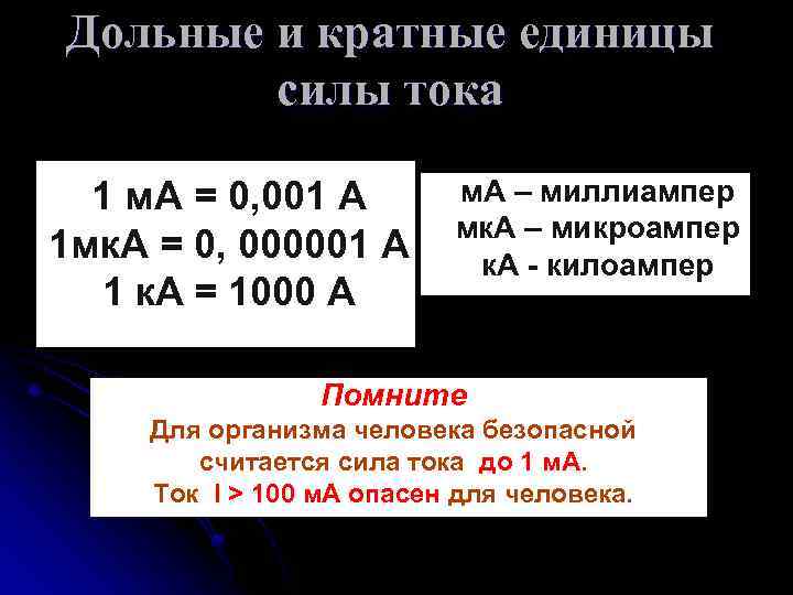 Дольные и кратные единицы силы тока 1 м. А = 0, 001 А 1