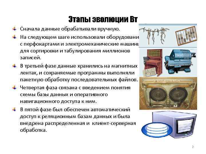 Этапы эволюции Вт Сначала данные обрабатывали вручную. На следующем шаге использовали оборудование с перфокартами