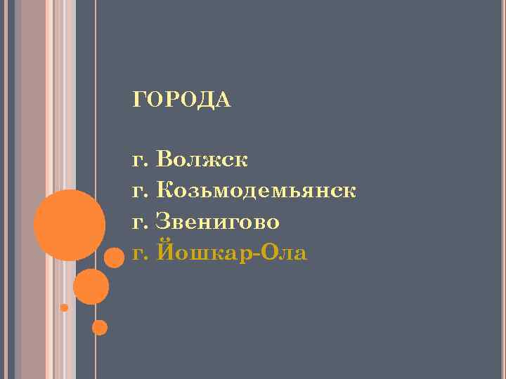 ГОРОДА г. Волжск г. Козьмодемьянск г. Звенигово г. Йошкар-Ола 