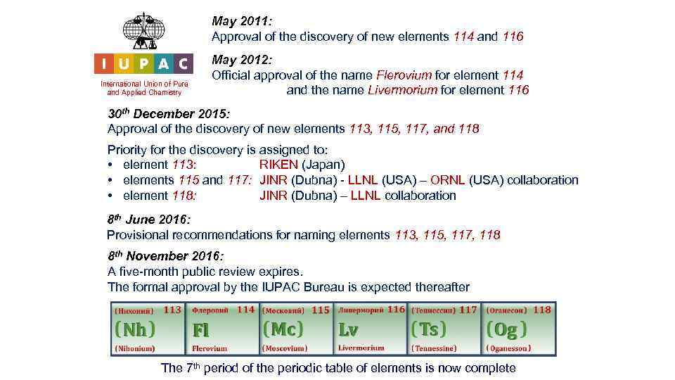 May 2011: Approval of the discovery of new elements 114 and 116 International Union