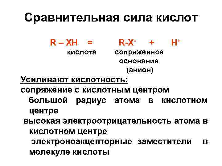 Сравнительная сила кислот R – XH = кислота R-X- + H+ сопряженное основание (анион)