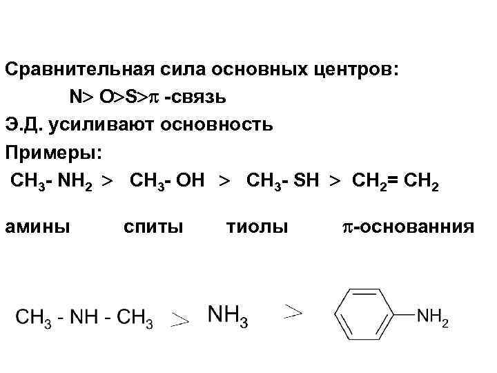Сравнительная сила основных центров: N O S -связь Э. Д. усиливают основность Примеры: CH