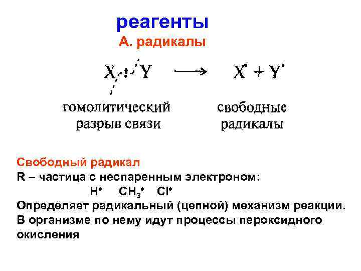 реагенты А. радикалы Свободный радикал R – частица с неспаренным электроном: Н СН 3