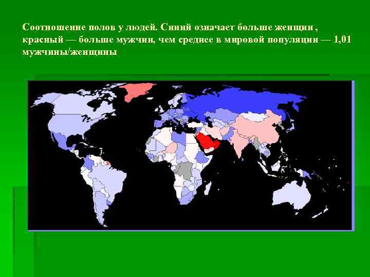 Соотношение полов у людей. Синий означает больше женщин , красный — больше мужчин, чем