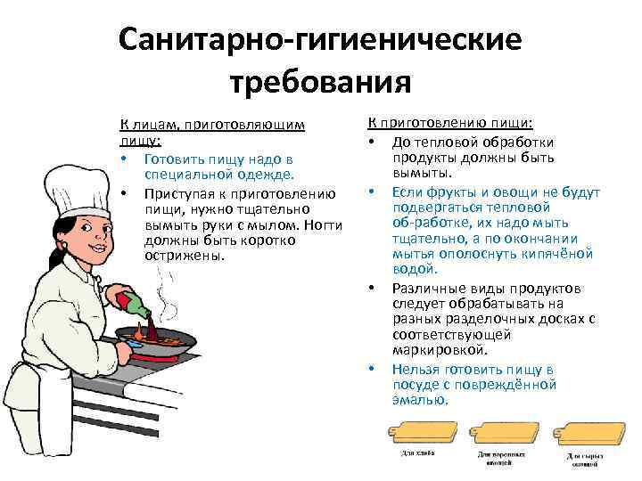 Санитарно гигиенические требования К лицам, приготовляющим пищу: • Готовить пищу надо в специальной одежде.