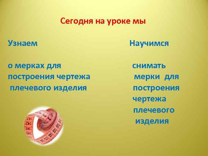 Сегодня на уроке мы Узнаем о мерках для построения чертежа плечевого изделия Научимся снимать