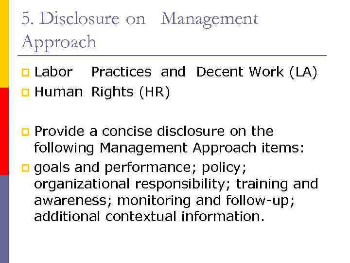 5. Disclosure on Management Approach Labor Practices and Decent Work (LA) Human Rights (HR)