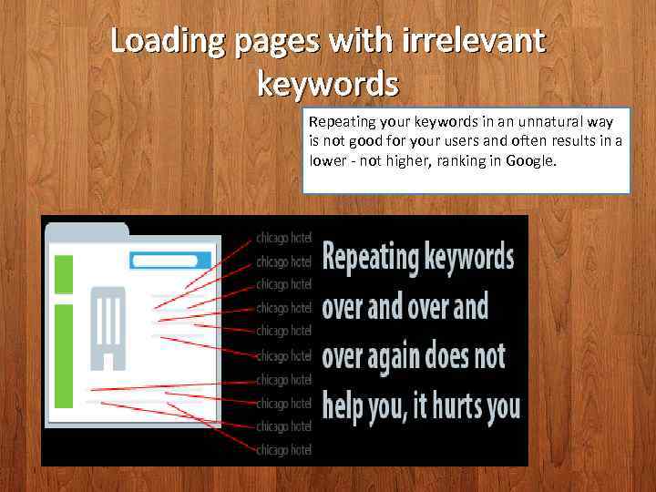Loading pages with irrelevant keywords Repeating your keywords in an unnatural way is not